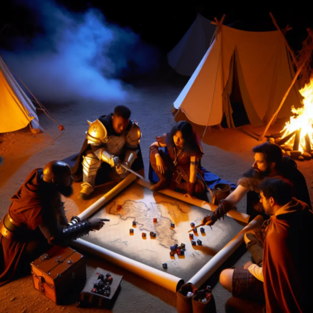 Scena obozu z bohaterami planującymi taktykę