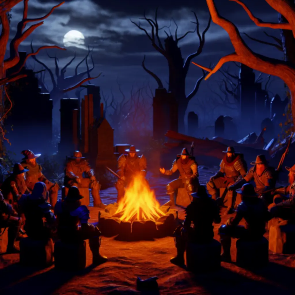 Bohaterowie przy ognisku w ciemnym fantasy świecie