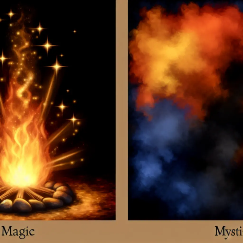 Zbliżenie na scenę ogniska z magicznymi płomieniami