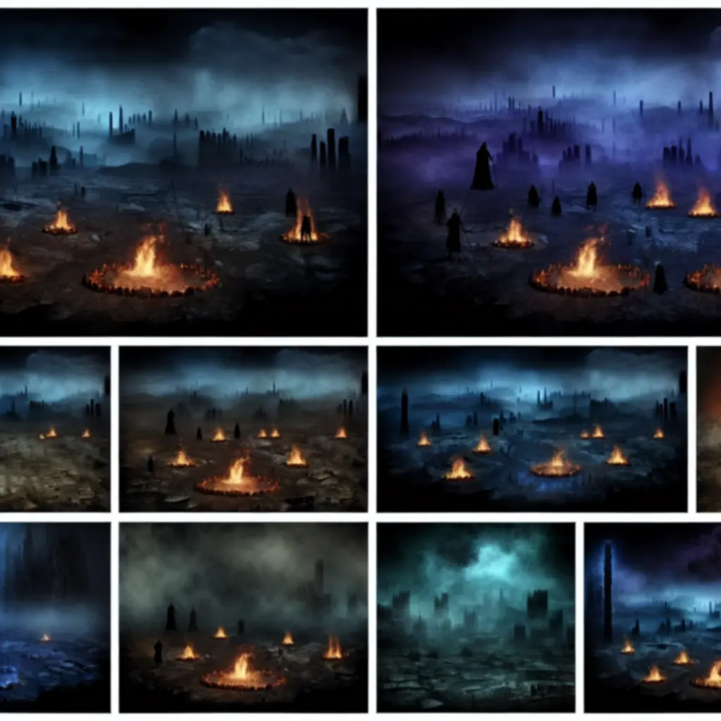 Ilustracja przedstawiająca mroczny świat fantasy z ogniskami i cieniami